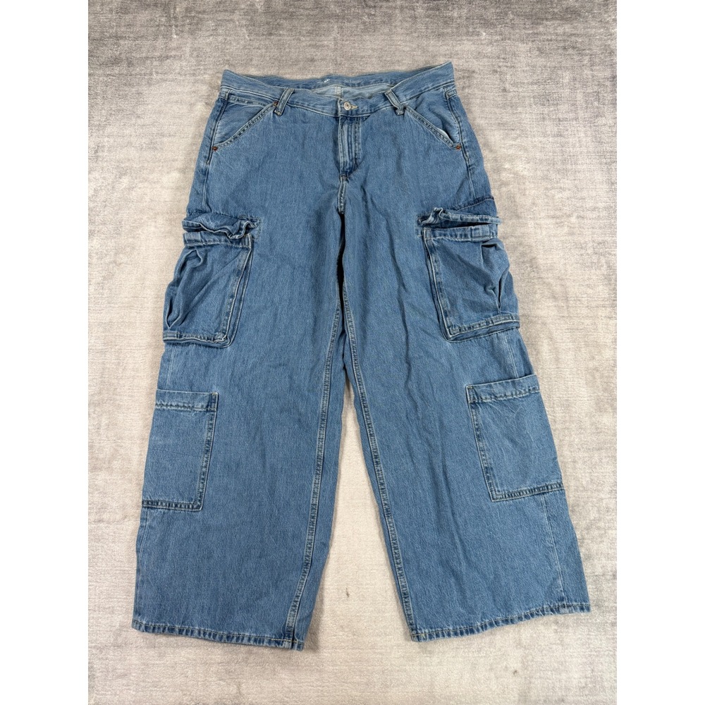 Old Navy Jeans Women 12 Blue Cargo Baggy Wide Leg Drapey Denim Mid Rise Pants